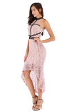 Pink Fashion Off The Shoulder Sleeveless O neck Mermaid Mid-Calf asymmetrical Patchwork lace 