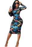 Gold Milk. Europe and America Cap Sleeve Long Sleeves O neck Pencil Dress Mid-Calf Patchwork Print Club