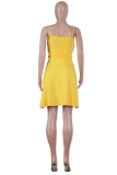 Yellow Polyester Street Fashion adult Spaghetti Strap Sleeveless Slip Step Skirt Knee-Length Solid Patchwor