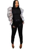 Black O Neck Long Sleeve Mesh Patchwork lace perspective Floral asymmetrical