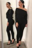 Black Casual zipper Solid Polyester Long Sleeve one word collar  Jumpsuits
