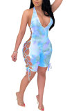 Blue Fashion Sexy Patchwork bandage Backless Hollow Sleeveless V Neck Rompers