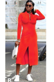 Orange Street Cap Sleeve Long Sleeves Turndown Collar Swagger Mid-Calf Solid Long Sleeve Dresses