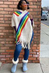 White Scarf Collar Rainbow Patchwork tassel Cotton Others Long Sleeve 