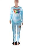 Blue Polyester Active Print Straight Long Sleeve  Two-piece Pants Set
