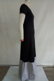 Black Polyester Sexy Fashion Cap Sleeve Short Sleeves O neck Princess Dress Floor-Length Solid Patchwork S