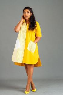 Yellow Polyester Lightly cooked Fashion adult Cap Sleeve Long Sleeves Notched Asymmetrical Knee-Length Prin