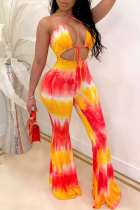 Red and yellow Fashion Sexy Print Patchwork bandage Tie-dyed Hollow Polyester Sleeveless Hanging neck Jumpsuits