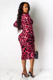 Light Blue OL Fashion adult Cap Sleeve Long Sleeves V Neck Step Skirt Mid-Calf Print Leopard