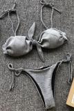 Grey Bow-knot crop top Solid bandage Asymmetrical Sexy Fashion Tankinis Set