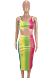 Yellow Sexy Fashion Tank Sleeveless O neck Step Skirt Mid-Calf hollow out Print Fluorescent hole backless