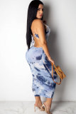Blue Polyester Sexy Fashion Tank Sleeveless O neck Asymmetrical Ankle-Length Patchwork backless Print asy
