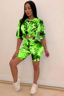 Green Polyester Fashion Sexy Two Piece Suits Sequin Slim fit crop top Bandage Skinny Half Sleeve  Two-Piec