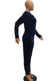 Dark Blue Casual Beading Solid Two Piece Suits Patchwork pencil Long Sleeve