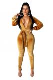 Yellow Sexy Fashion Solid Backless bandage Hollow Polyester Long Sleeve V Neck  Jumpsuits