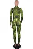 Green Sexy Fashion Patchwork Print zipper Polyester Long Sleeve V Neck 