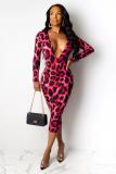 rose red OL Fashion adult Cap Sleeve Long Sleeves V Neck Step Skirt Mid-Calf Print Leopard