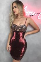 Red Polyester adult Fashion Sexy Spaghetti Strap Sleeveless Slip Step Skirt skirt Sequin Solid  Club Dre
