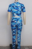 Blue Polyester Sexy Patchwork Two Piece Suits Print Straight Long Sleeve  Two-piece Pants Set