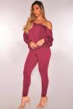 Wine Red Polyester Europe and America Fashion adult Solid Two Piece Suits Patchwork backless pencil Long Slee