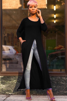 Black Polyester O Neck Nine Sleeves Solid  Long Sleeve Tops