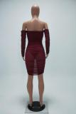 Wine Red Polyester Sexy Off The Shoulder Long Sleeves One word collar Step Skirt Knee-Length hollow out backl