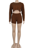Brown Wool Europe and America Solid Two Piece Suits pencil Long Sleeve Two-Piece Short Set