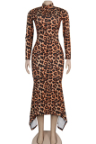 Leopard print Sexy Cap Sleeve Long Sleeves Turtleneck Step Skirt Floor-Length camouflage Leopard Print 