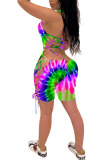 Green Fashion Casual Tie-dyed Sleeveless V Neck Rompers