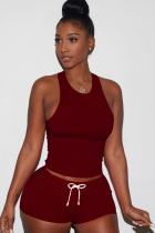 Wine Red knit Sexy Patchwork Two Piece Suits Solid Straight Sleeveless  Two-Piece Short Set
