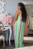 Green Polyester Fashion Casual Spaghetti Strap Sleeveless Slip Straight Floor-Length Rainbow Striped  Casu