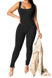 Black Fashion Casual Patchwork Solid Draped Polyester Sleeveless Slip Jumpsuits
