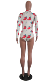 Red Fashion Sexy Patchwork Print Button Polyester Long Sleeve V Neck 