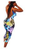 Multi-color Fashion Sexy Backless Print Geometric Floral Sleeveless Slip Jumpsuits