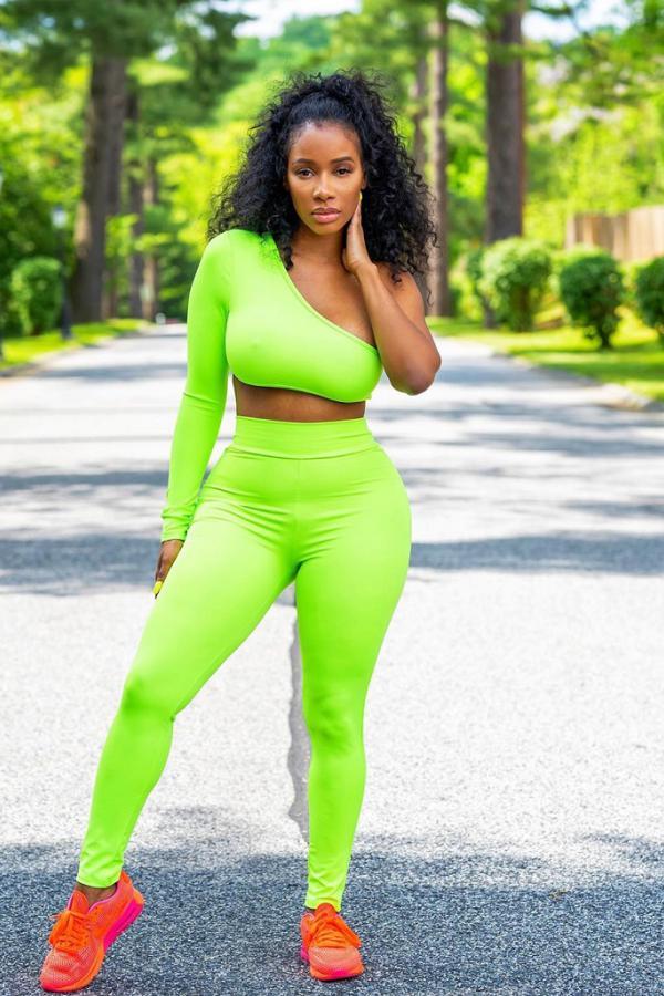 Fluorescent green Sexy Fashion asymmetrical Solid Fluorescent Slim fit Two Piece Suits Skinny Sleeveless Tw