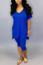 Blue Polyester Fashion Sexy Solid Two Piece Suits pencil Short Sleeve Two Pieces