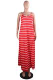 Red Polyester Sexy Fashion Spaghetti Strap Sleeveless Slip Step Skirt Ankle-Length Striped Solid  Casual