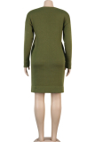 Olive green Acetyl fiber Sexy Cap Sleeve Long Sleeves V Neck Straight Knee-Length Solid 