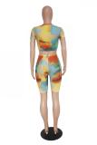 Multi-color Polyester Sexy Fashion crop top Tie Dye Geometric Skinny  Two-Piece Short Set