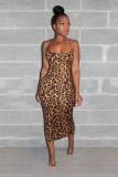 Leopard print Polyester Fashion adult Sexy Spaghetti Strap Sleeveless Slip Step Skirt Mid-Calf Print hollow out Le