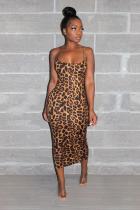 Leopard print Polyester Fashion adult Sexy Spaghetti Strap Sleeveless Slip Step Skirt Mid-Calf Print hollow out Le