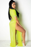 Fluorescent green Sexy Fashion Cap Sleeve Short Sleeves O neck Straight Ankle-Length perspective Print split