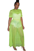 Fluorescent green Polyester Fashion Sexy Cap Sleeve Short Sleeves O neck A-Line Knee-Length Mesh Patchwork perspective