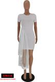 White Polyester Casual Cap Sleeve Short Sleeves O neck Asymmetrical skirt Solid  Club Dresses