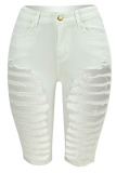 White Denim Button Fly Zipper Fly Mid Hole Solid pencil Capris Shorts