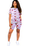 Red Fashion Sexy adult Ma'am Patchwork Print Character Two Piece Suits Lips Print Straight Short Sleeve Two Pieces