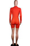 Red street Fashion Solid zipper Polyester Long Sleeve O Neck  Rompers