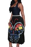 Yellow White Black Yellow Polyester Elastic Fly Sleeveless High Patchwork Print Draped Pleated skirt Capris Bottoms