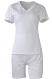 White Milk Silk Casual Sexy Solid Two Piece Suits pencil Short Sleeve 