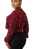 Red Polyester O Neck Long Sleeve crop top Print Plaid  Long Sleeve Tops